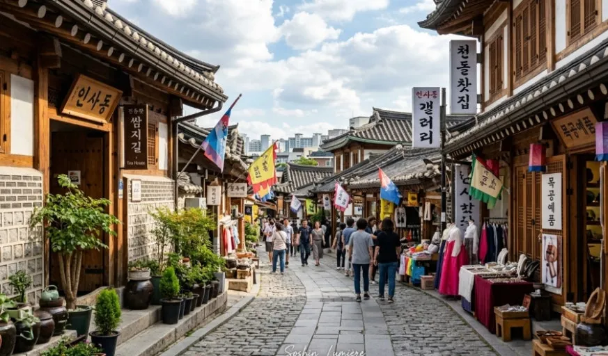 Traditional shops and visitors along Insadong Street in Seoul