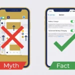 iphone battery health tips — myth vs fact illustration showing force-closing apps does not save battery versus optimized battery charging enabled