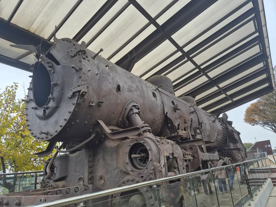 Bullet-scarred steam locomotive from Jangdan Station near the Korean DMZ
