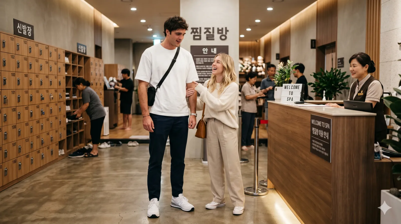 jjimjilbang guide — couple entering korean bathhouse for the first time