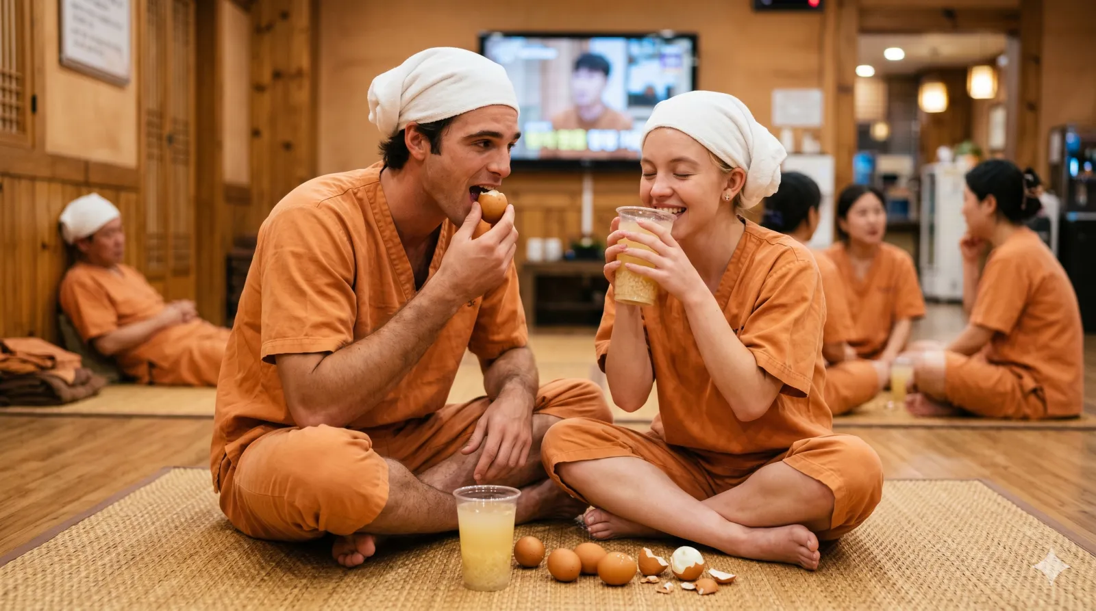 jjimjilbang guide — couple enjoying sikhye and eggs at korean bathhouse