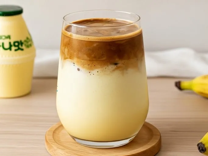 Banana milk latte made with Korean banana flavored milk and coffee