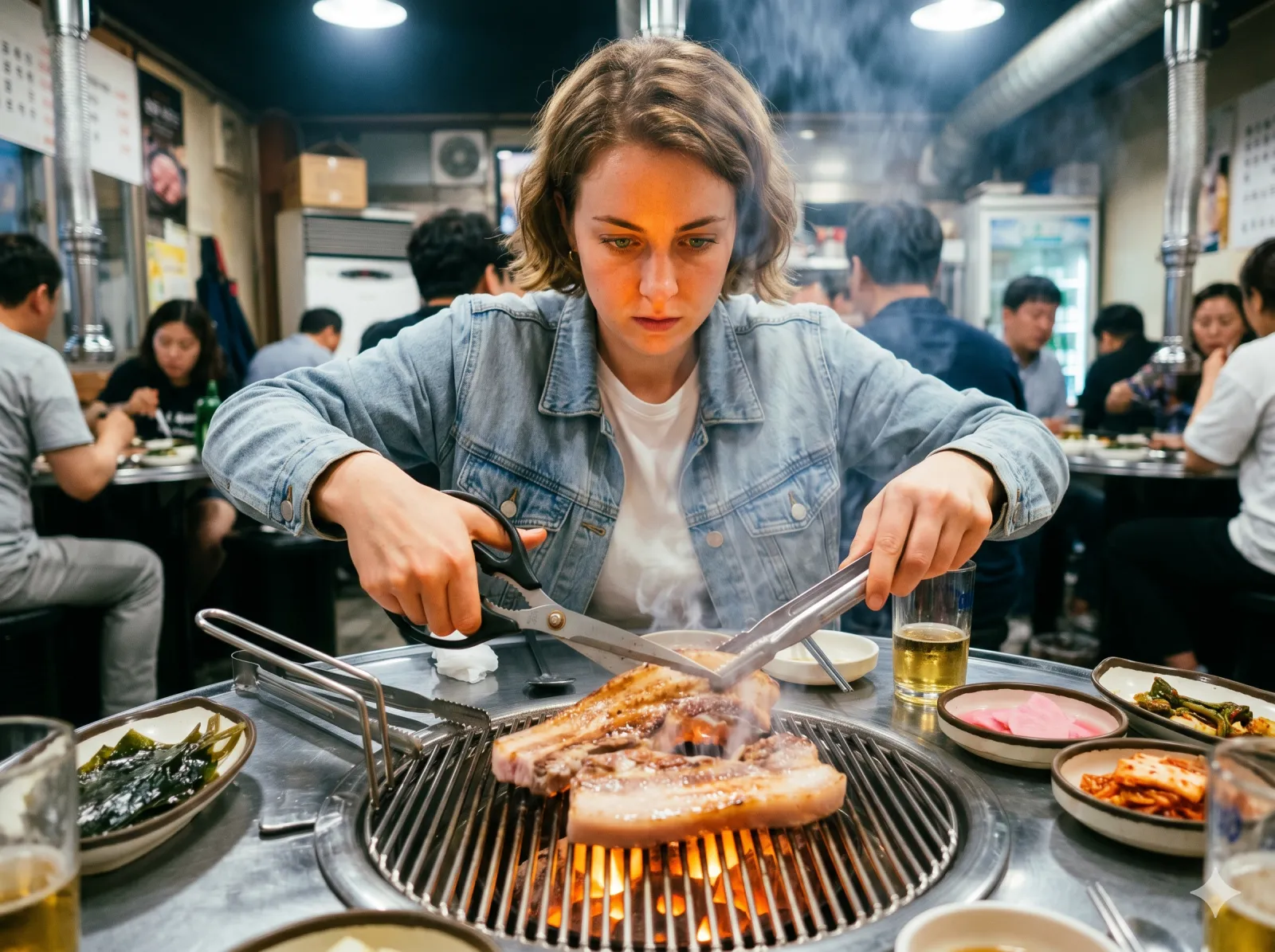 how to eat korean bbq — scissors cutting pork belly on iron grill at Seoul restaurant