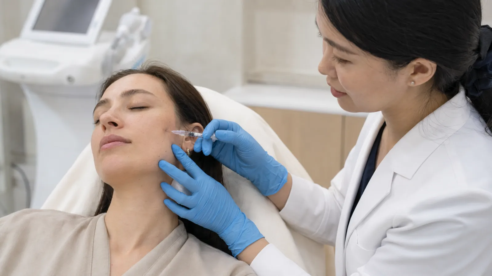 Korean dermatologist performing a skin booster injection for an international patient in Seoul