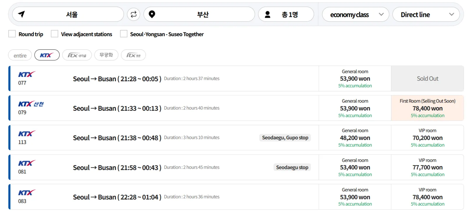 KTX Seoul to Busan ticket prices and travel time
