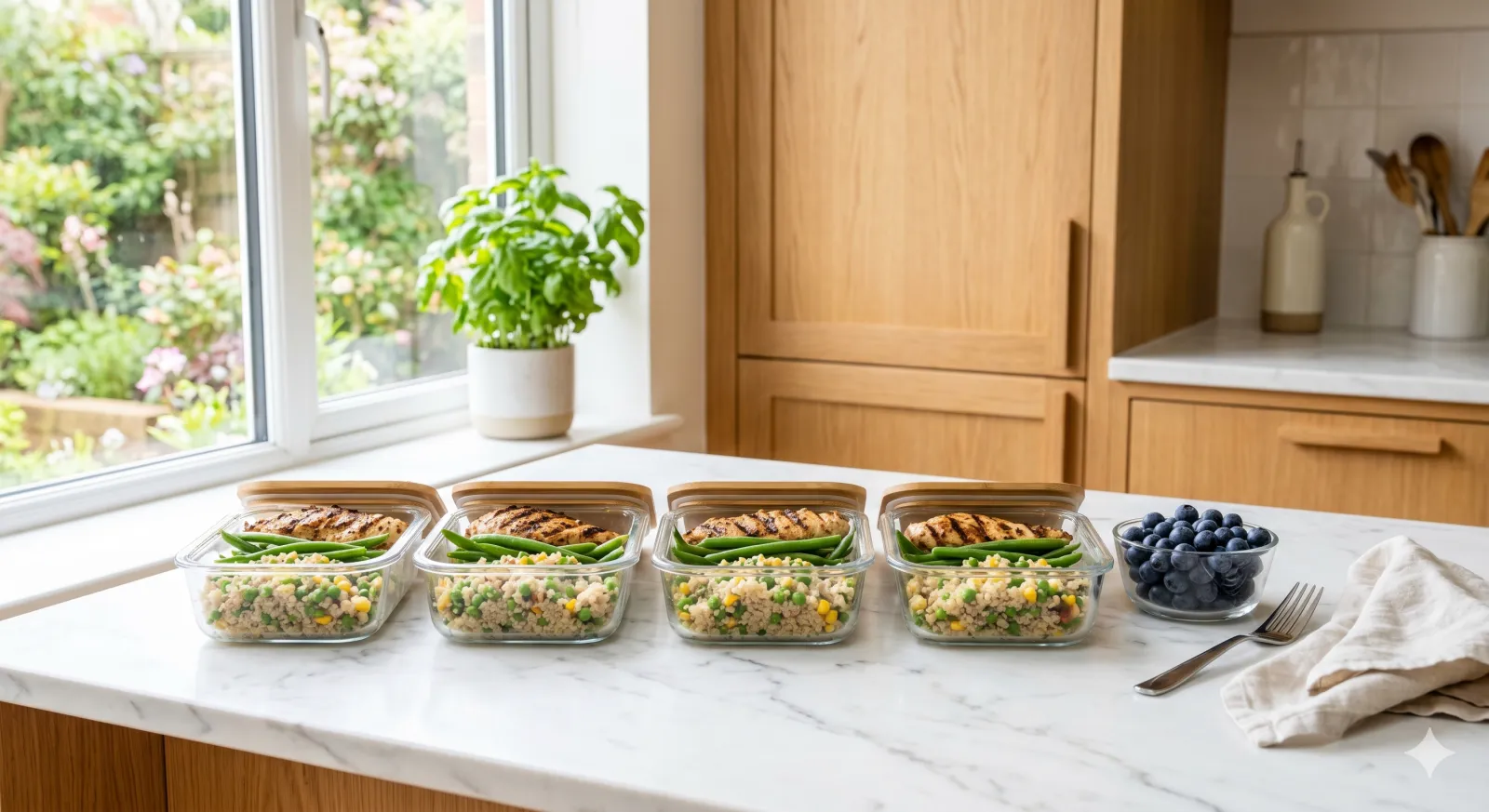 low fodmap meal prep — containers with chicken, green beans and quinoa