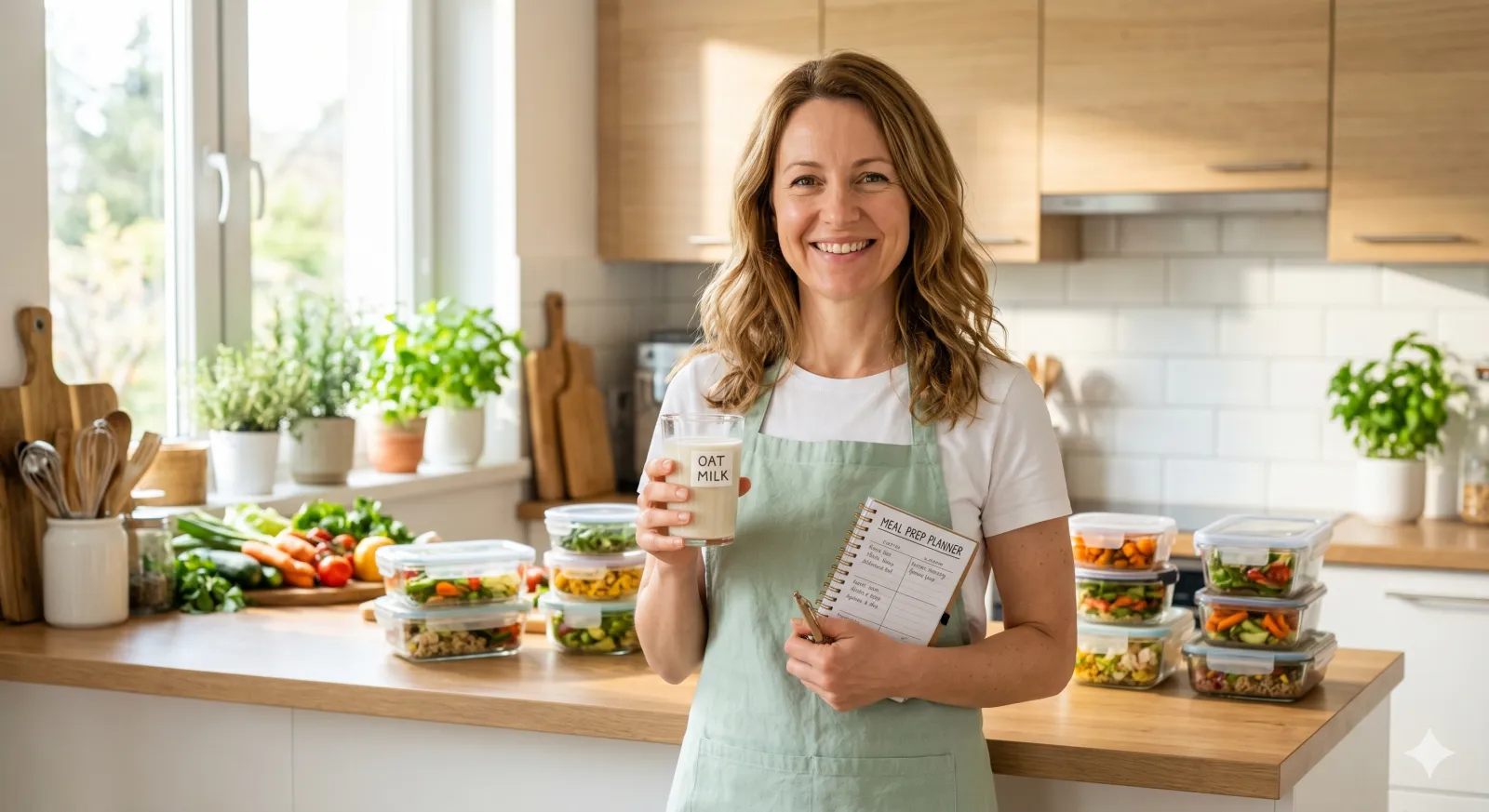 woman holding oat milk and meal prep planner for low FODMAP diet