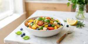 low fodmap pasta salad bowl with tomatoes blueberries and fresh basil
