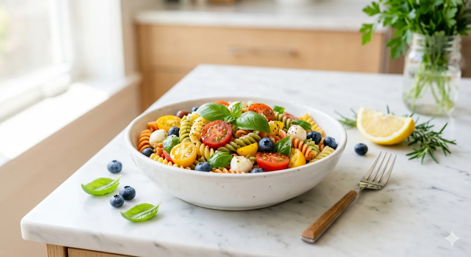 low fodmap pasta salad bowl with tomatoes, blueberries and fresh basil