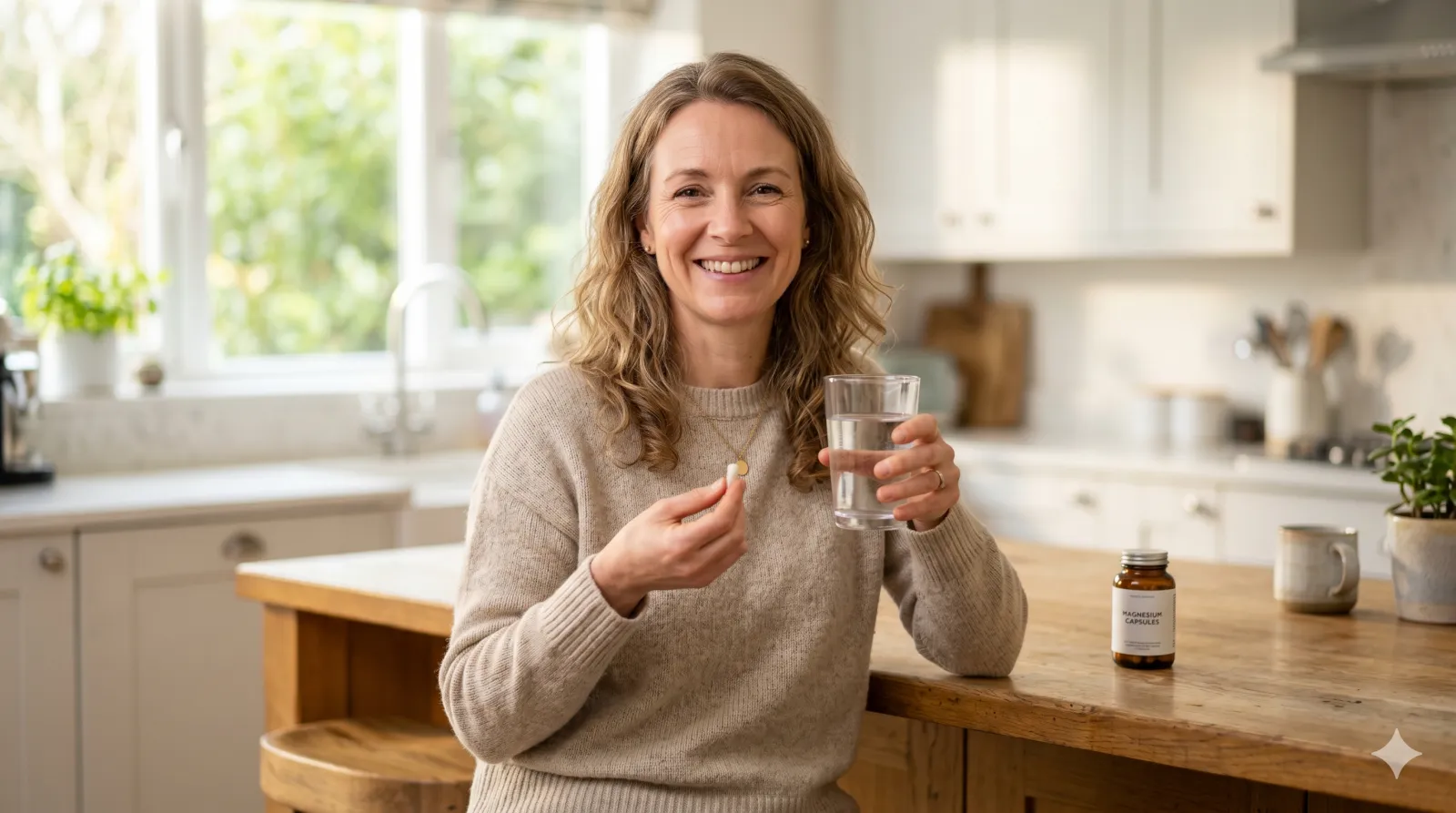 woman holding a bottle of magnesium glycinate supplement