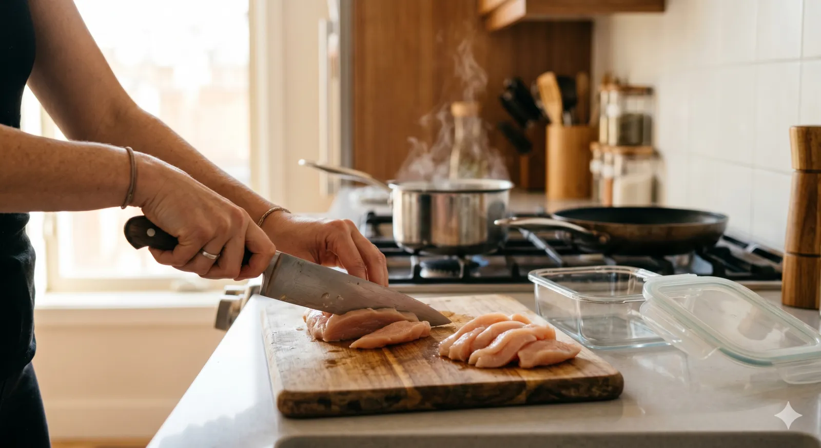 cooking chicken and rice step by step in a home kitchen