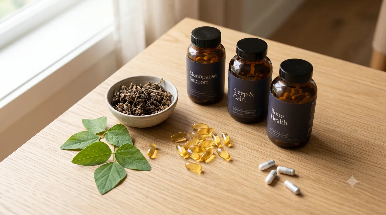 black cohosh, magnesium, and omega-3 supplements arranged on a wooden surface
