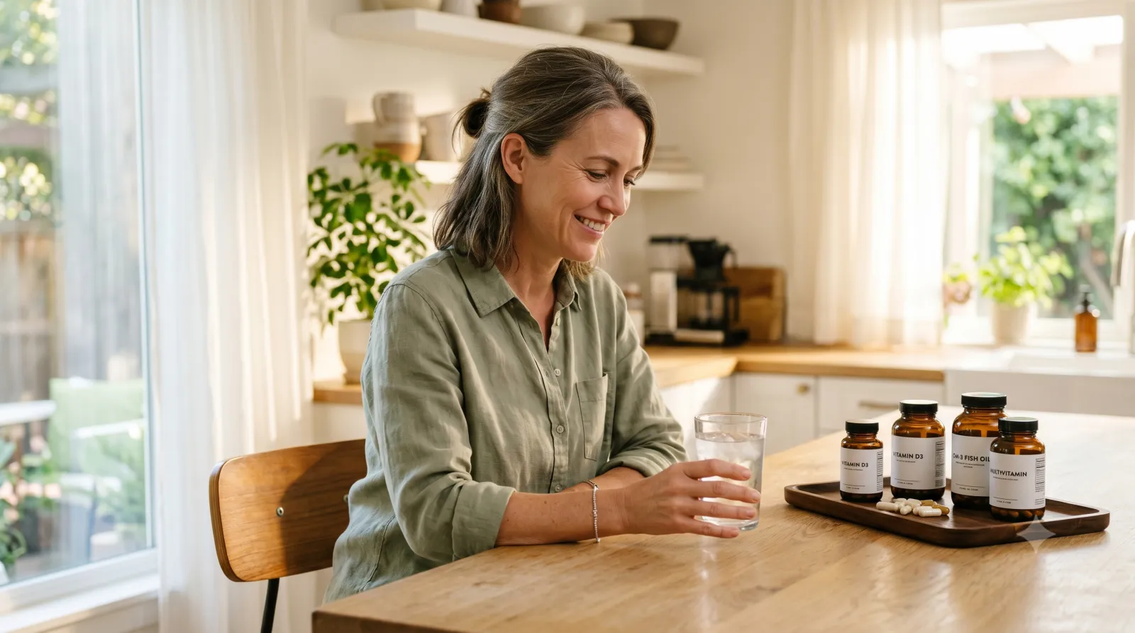 menopause supplements for hot flashes — woman at kitchen counter with supplements and water in morning light