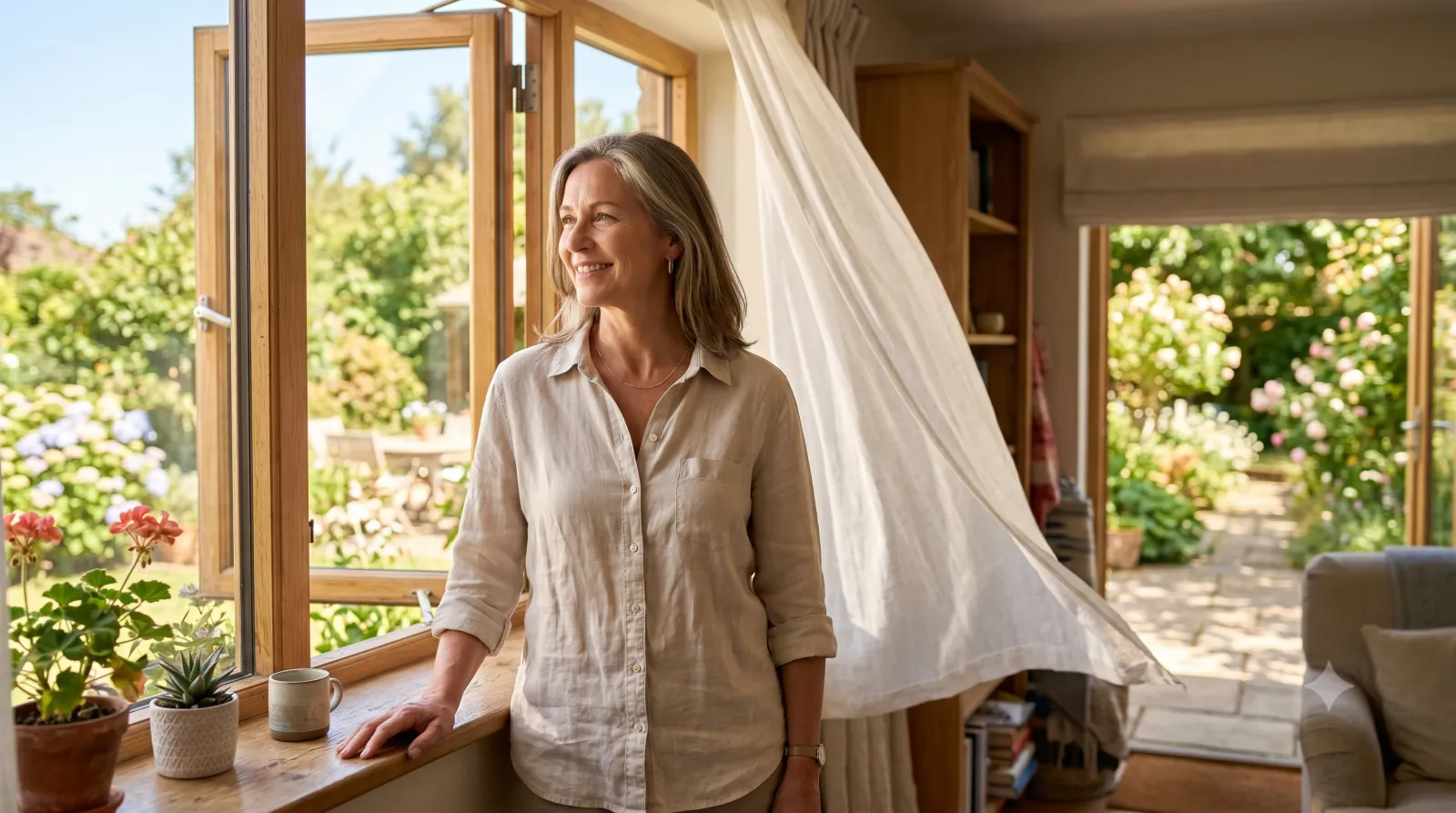 woman standing by a window feeling relieved on a summer day