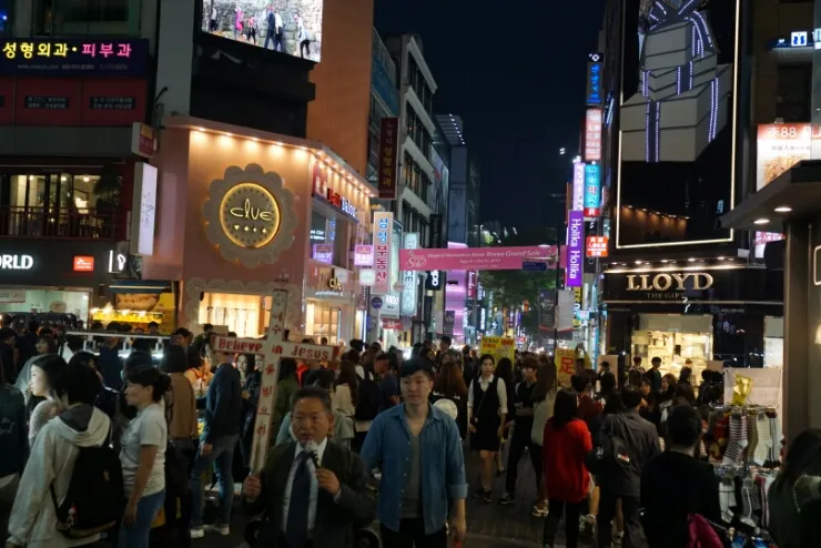 Myeongdong Shopping Street in Seoul at night