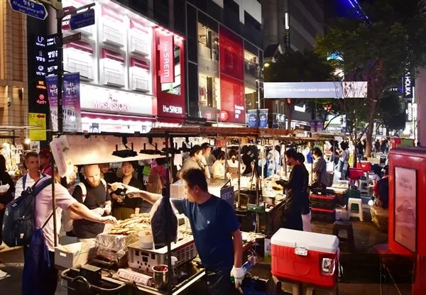 Myeongdong street food and night market in Seoul
