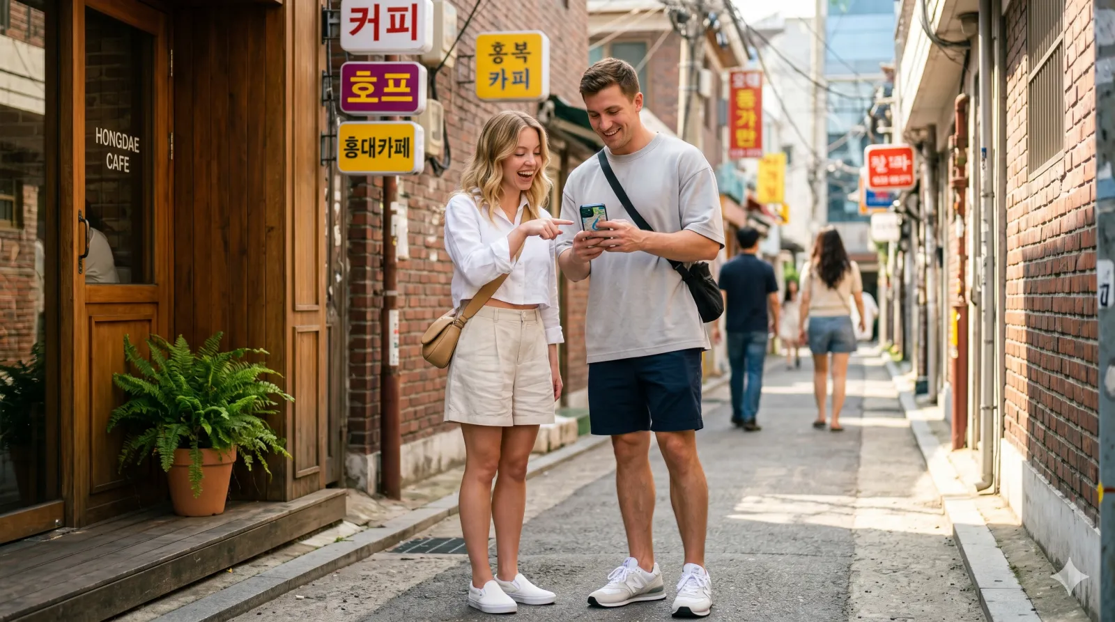 naver maps english — couple navigating seoul alley using naver maps on smartphone