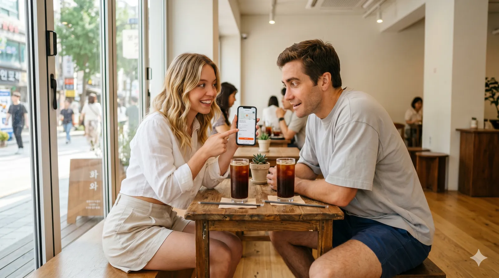 naver maps english — couple using restaurant booking feature at seoul cafe