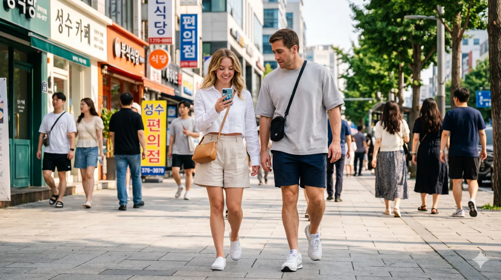 naver maps english — walking directions couple navigating seoul back alley on smartphone
