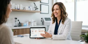 female dermatologist explaining oral minoxidil for women hair treatment