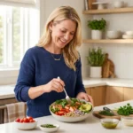 perimenopause diet — woman preparing anti-inflammatory salmon and vegetable bowl in a bright kitchen