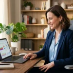 python in excel — professional woman smiling at data dashboard on laptop
