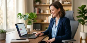 python in excel — professional woman smiling at data dashboard on laptop