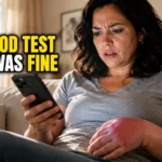 rheumatoid arthritis symptoms — woman looking at normal blood test results in confusion