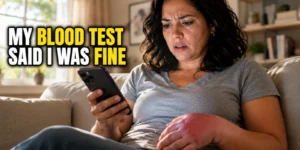 rheumatoid arthritis symptoms — woman looking at normal blood test results in confusion