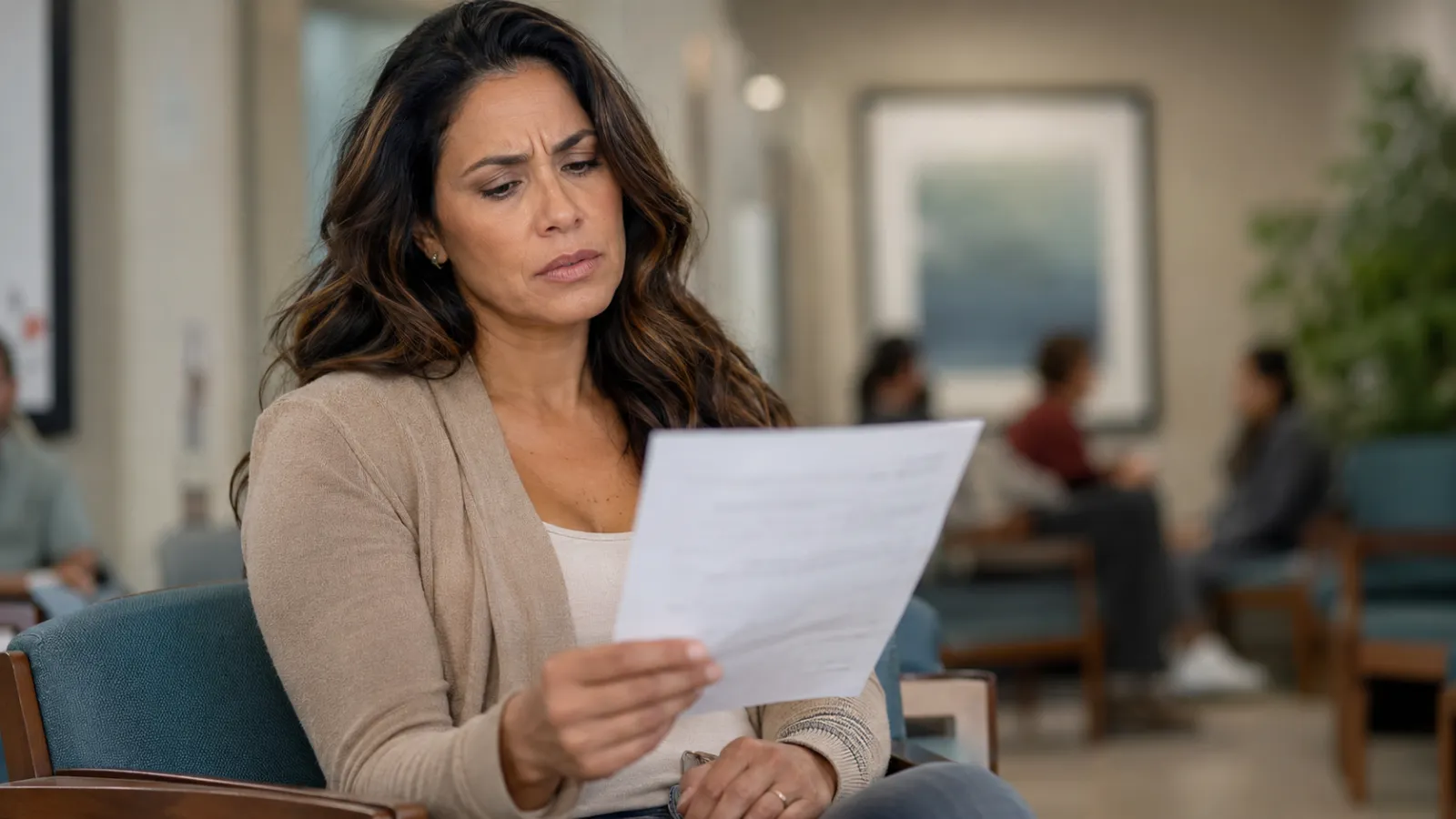 Woman looking at a printed lab result sheet with a confused expression in a clinic waiting room