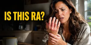 Rheumatoid arthritis in hands — woman anxiously examining her swollen knuckles at the kitchen table