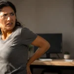 sciatica — woman grabbing lower back in shock after standing from desk chair