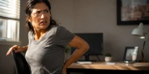 sciatica — woman grabbing lower back in shock after standing from desk chair