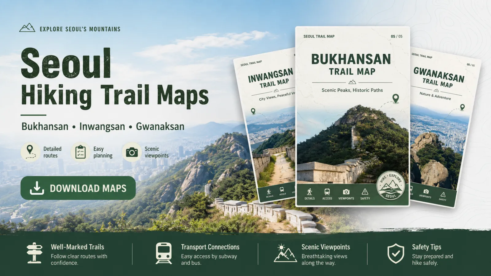 Seoul hiking trail maps for Bukhansan Inwangsan and Gwanaksan