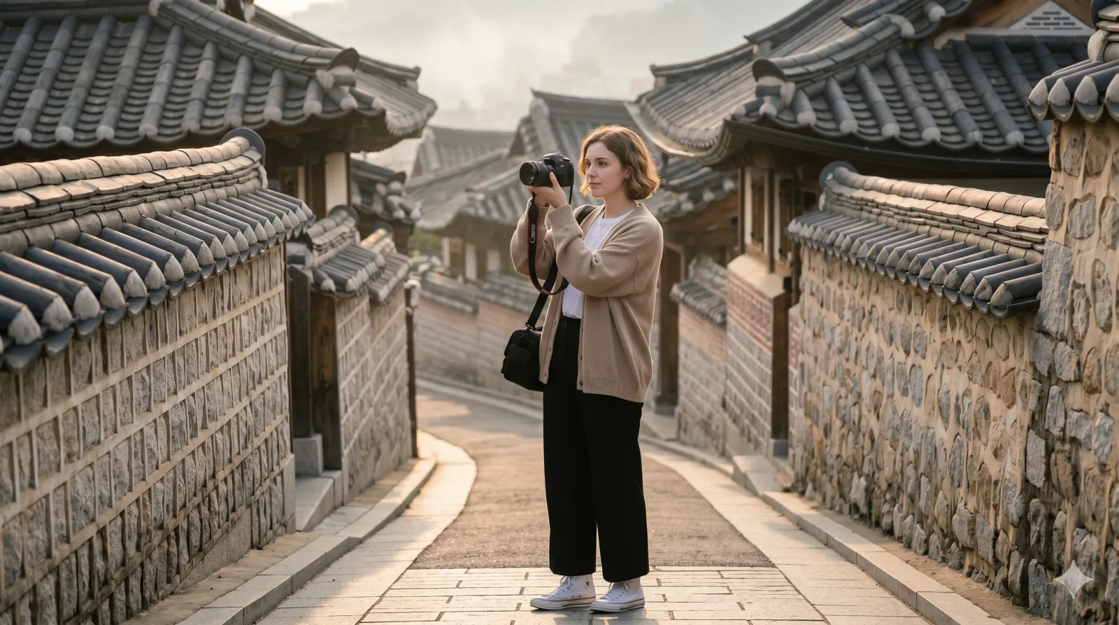 things to do in seoul — tourist photographing Bukchon Hanok Village traditional alley