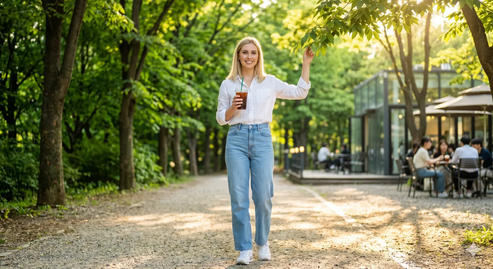 things to do in seoul — woman enjoying iced coffee at Seoul Forest Park cafe