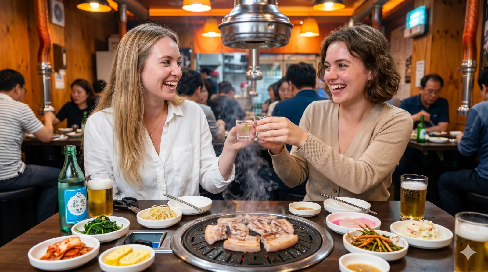 things to do in seoul — two friends enjoying Korean BBQ samgyeopsal and somaek