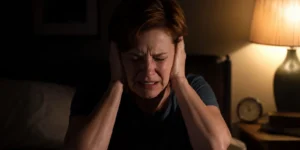 tinnitus — woman covering ears in distress at night, unable to sleep from ringing