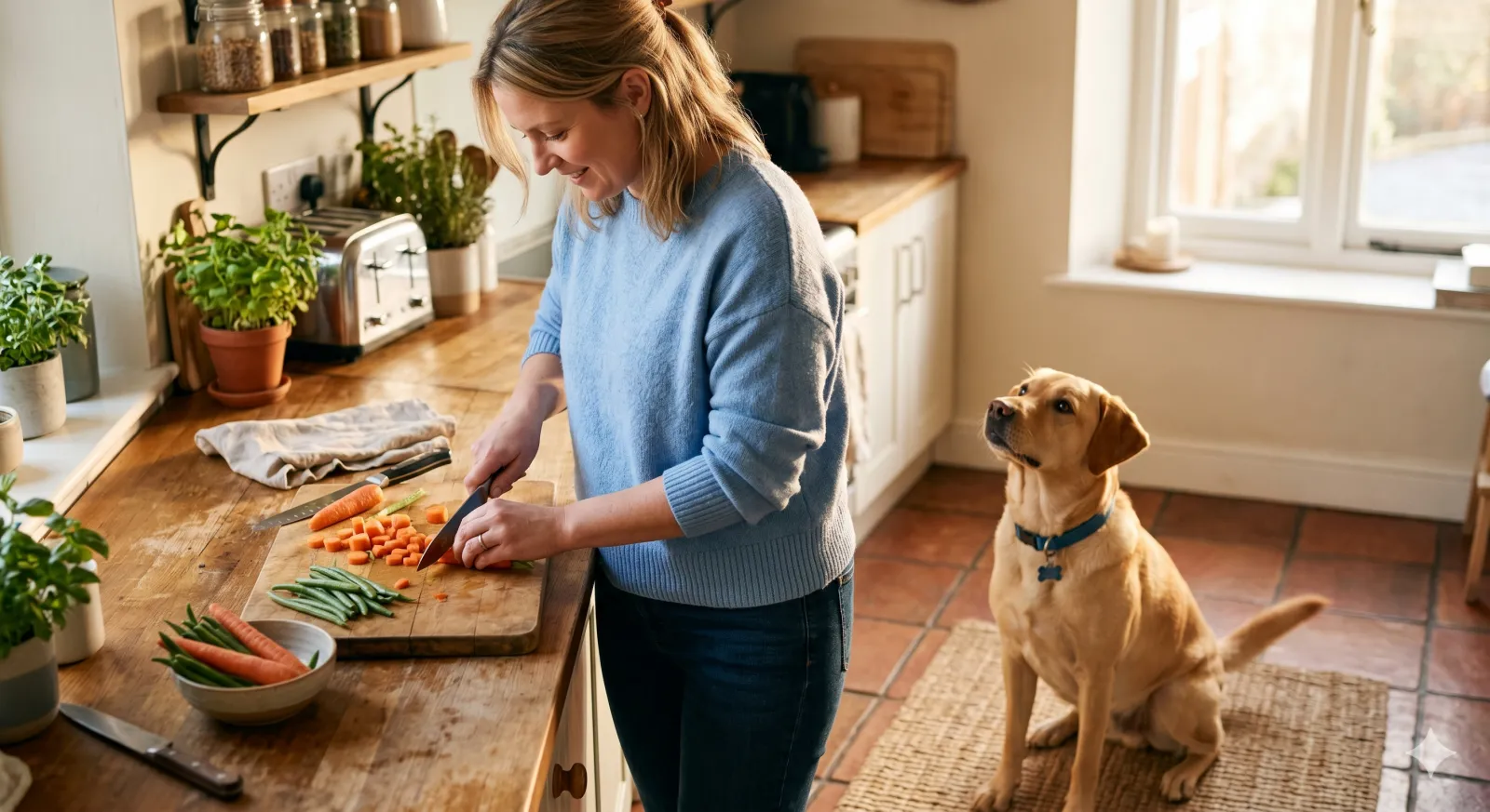 owner cutting carrots at the counter while a dog watches