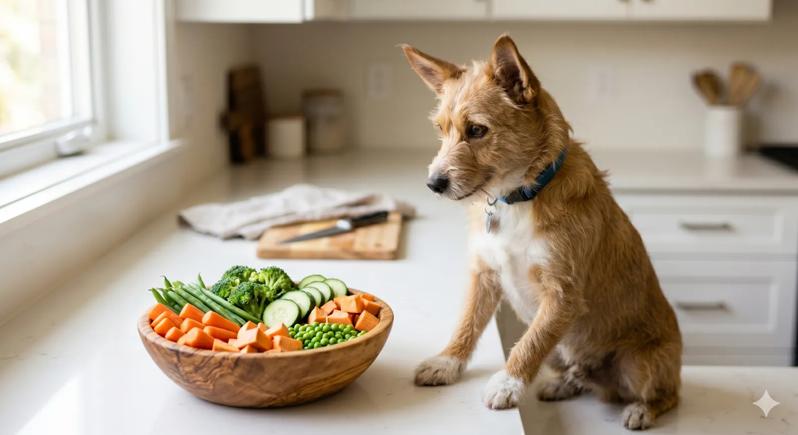 vegetables dogs can eat — bowl of carrots and peas next to a dog