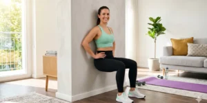 woman following a youtube wall pilates routine on yoga mat