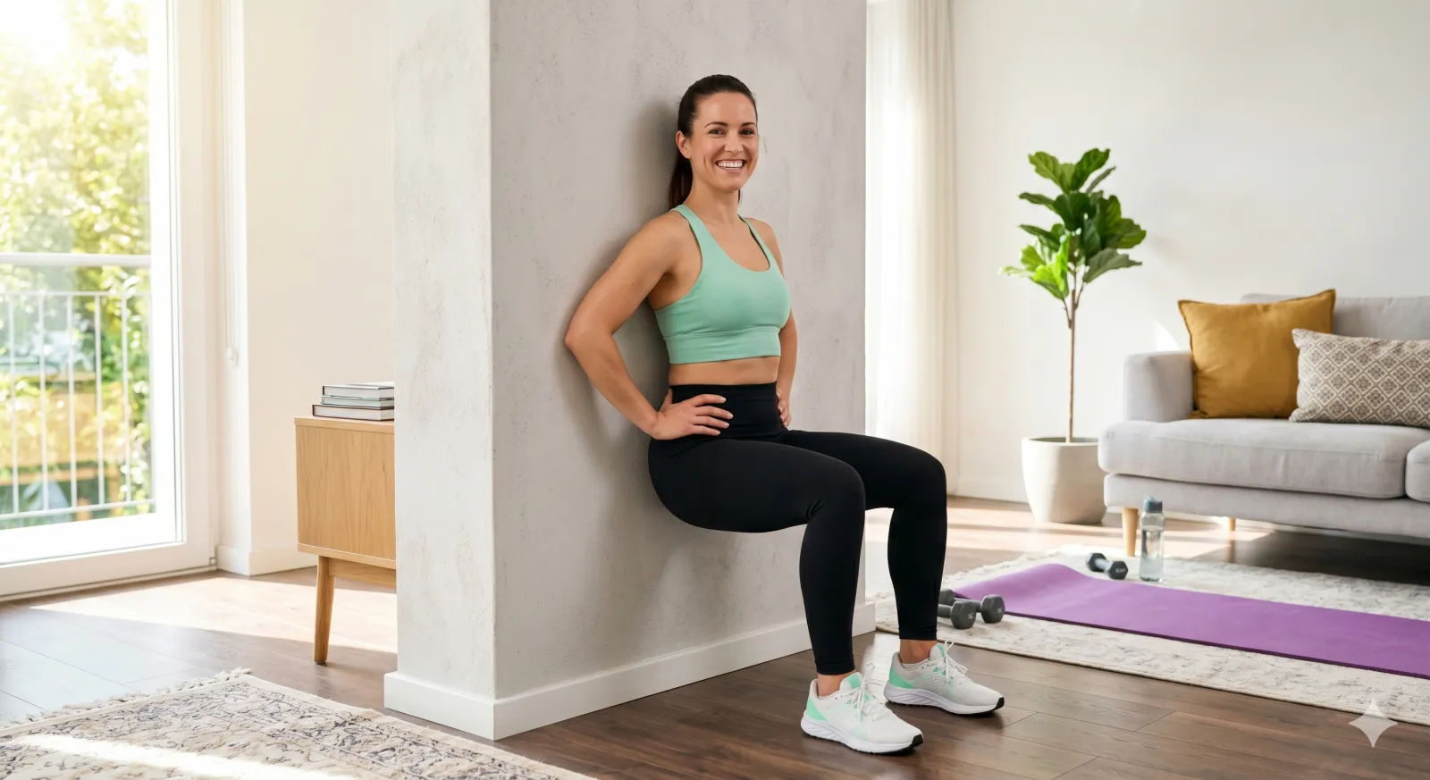 woman following a guided wall pilates routine on a yoga mat