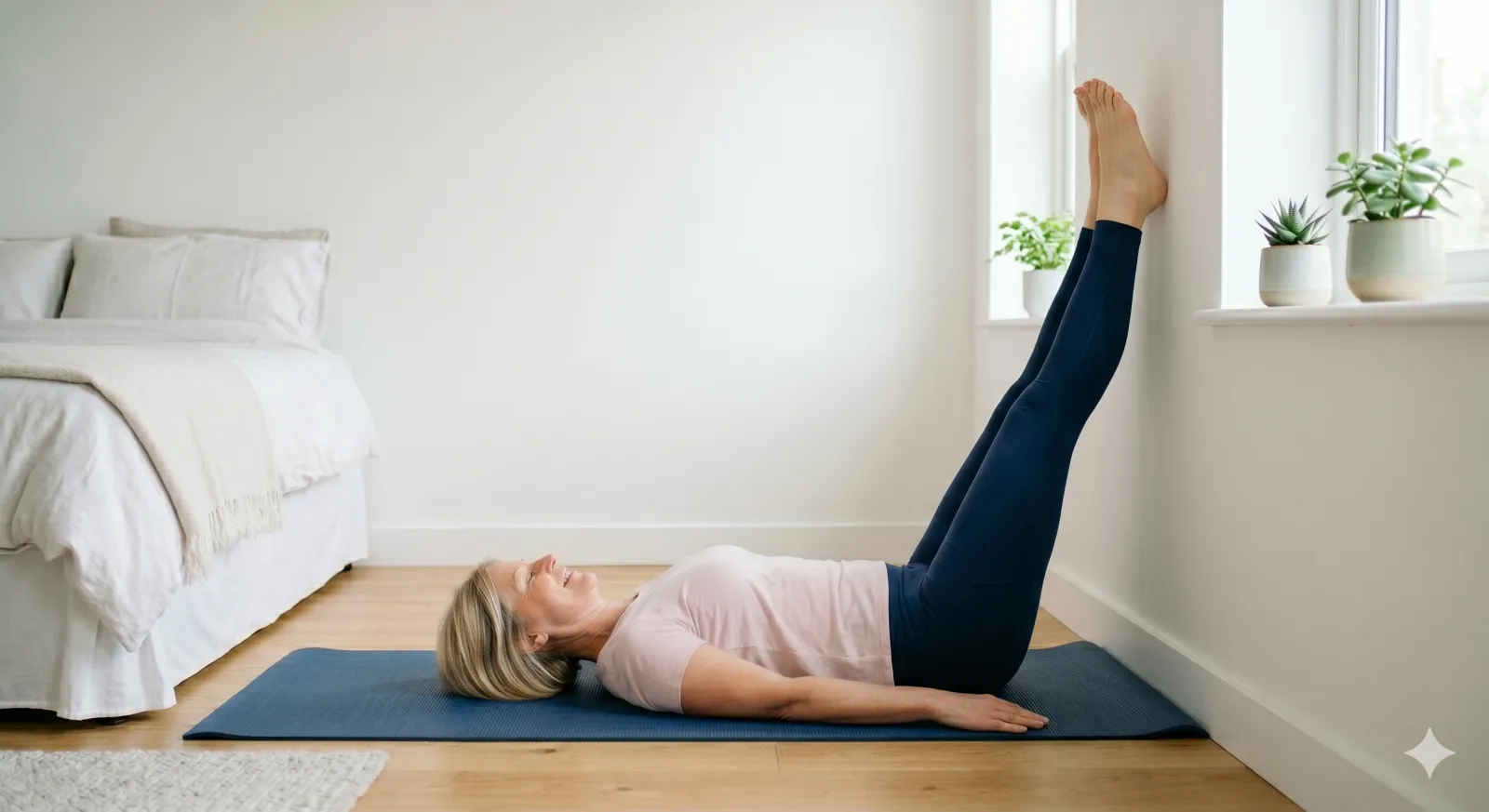 older woman doing a legs-up-the-wall pilates stretch
